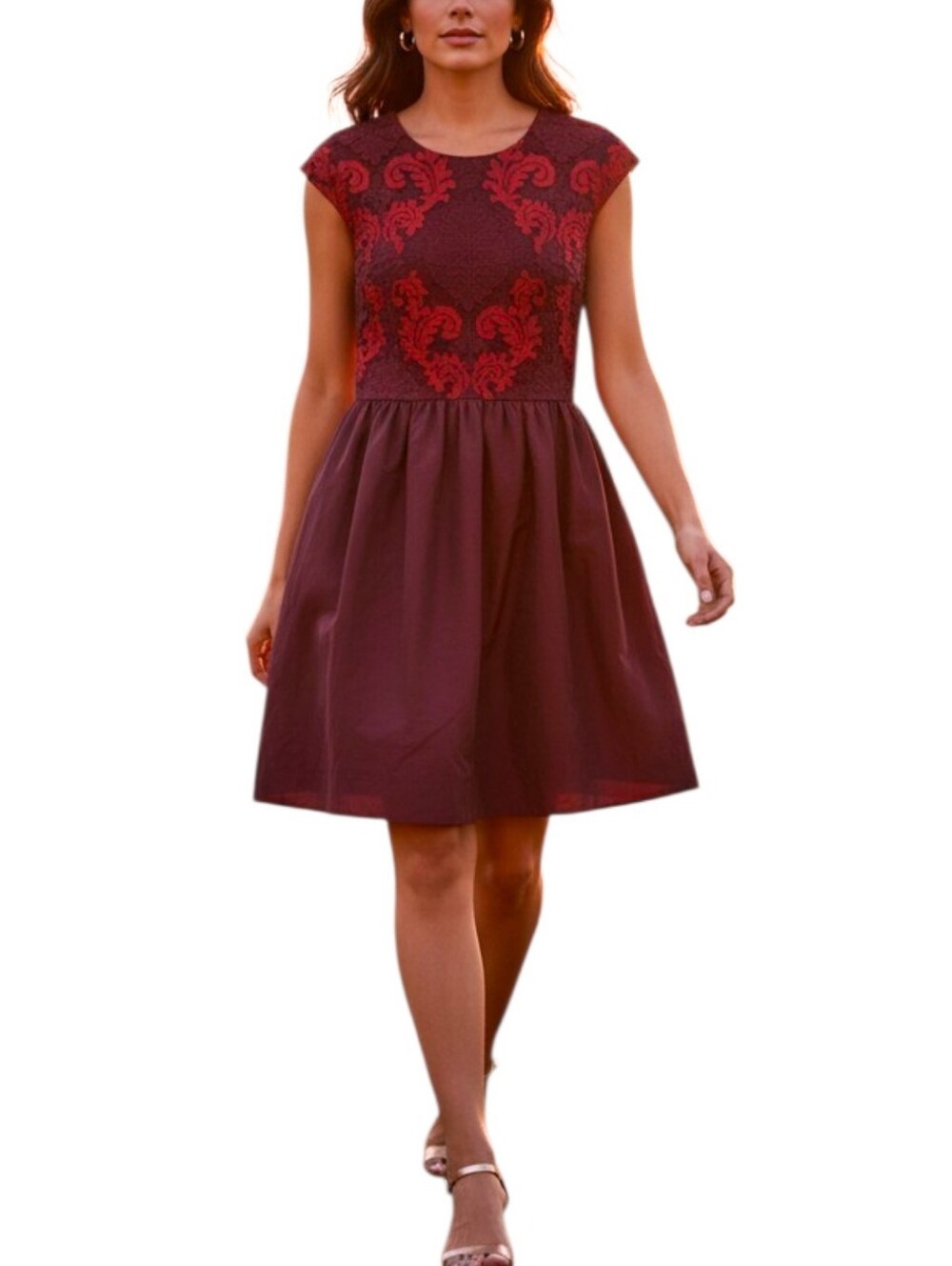 Taylor Burgundy Dress with Red Embroidered Bodice Cottage core Victorian sz 14